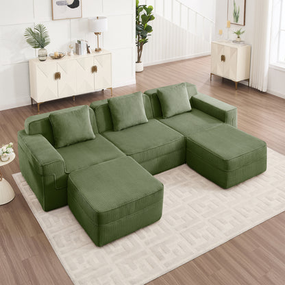 3-Seater Modular U-Shaped Corduroy Sectional Sofa - Green Corduroy