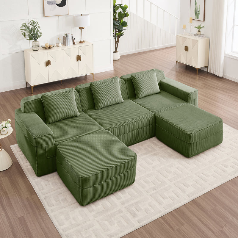 3-Seater Modular U-Shaped Corduroy Sectional Sofa - Green Corduroy