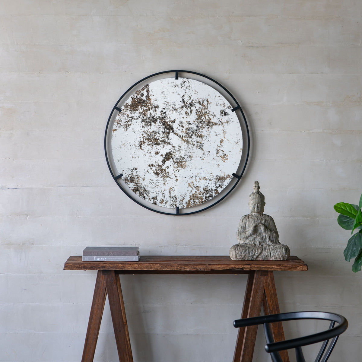 Theodor - Mirror With Industrial Design Round Mirror With Metal Frame For Wall Decor & Entryway Console Lean Against Wall - Black