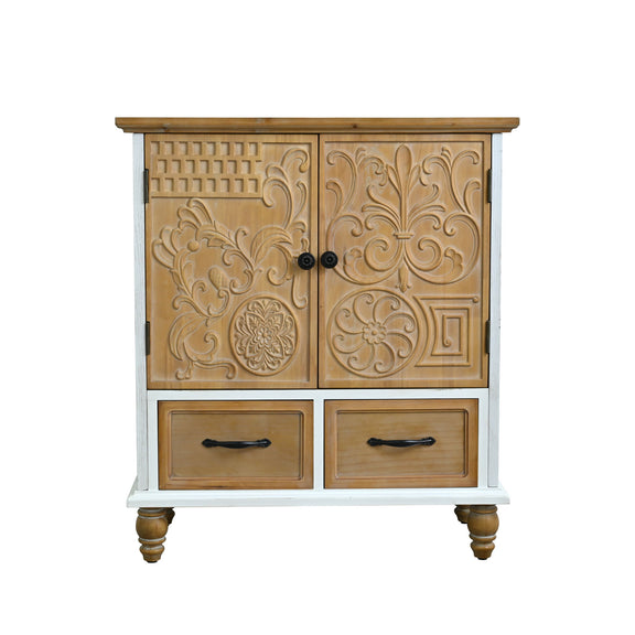 White and natural wood sideboard cabinet with carved floral doors and two drawers