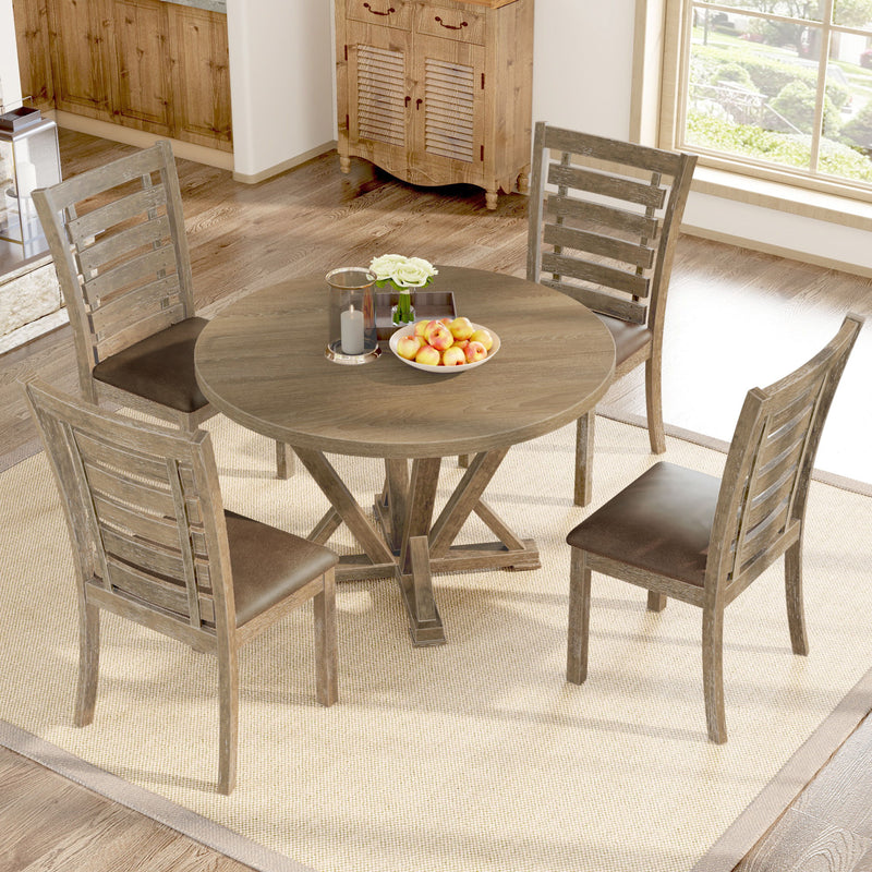 5 Pieces Table Set Round Dining Table Solid Wood Modern Farmhouse Rustic Look Distressed Look - Grayish Brown