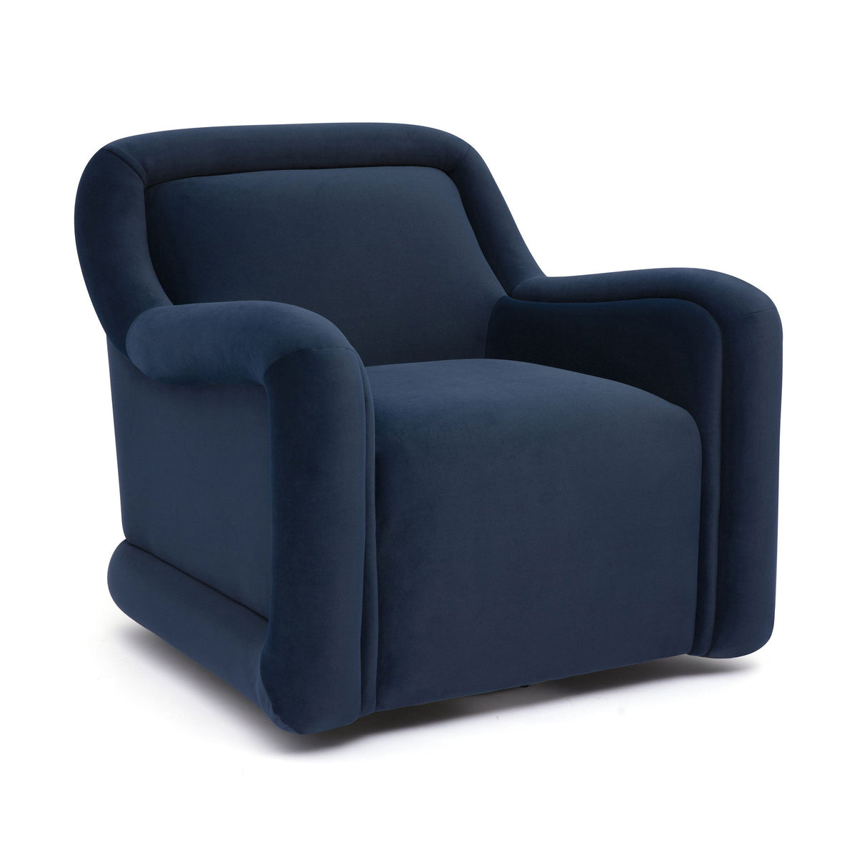Blue upholstered swivel chair with thick padded arms and contoured seat.