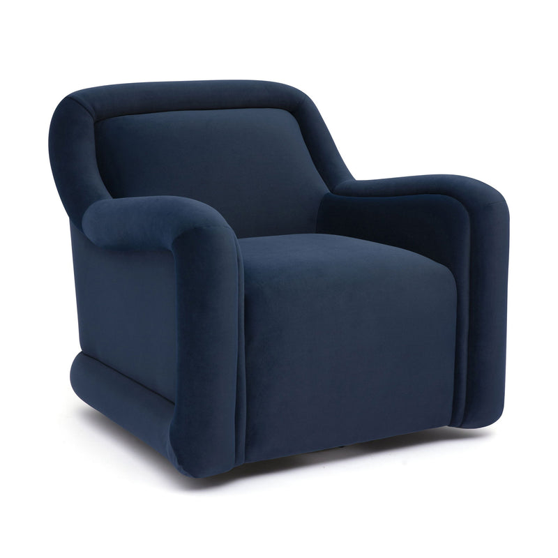 Blue upholstered swivel chair with thick padded arms and contoured seat.