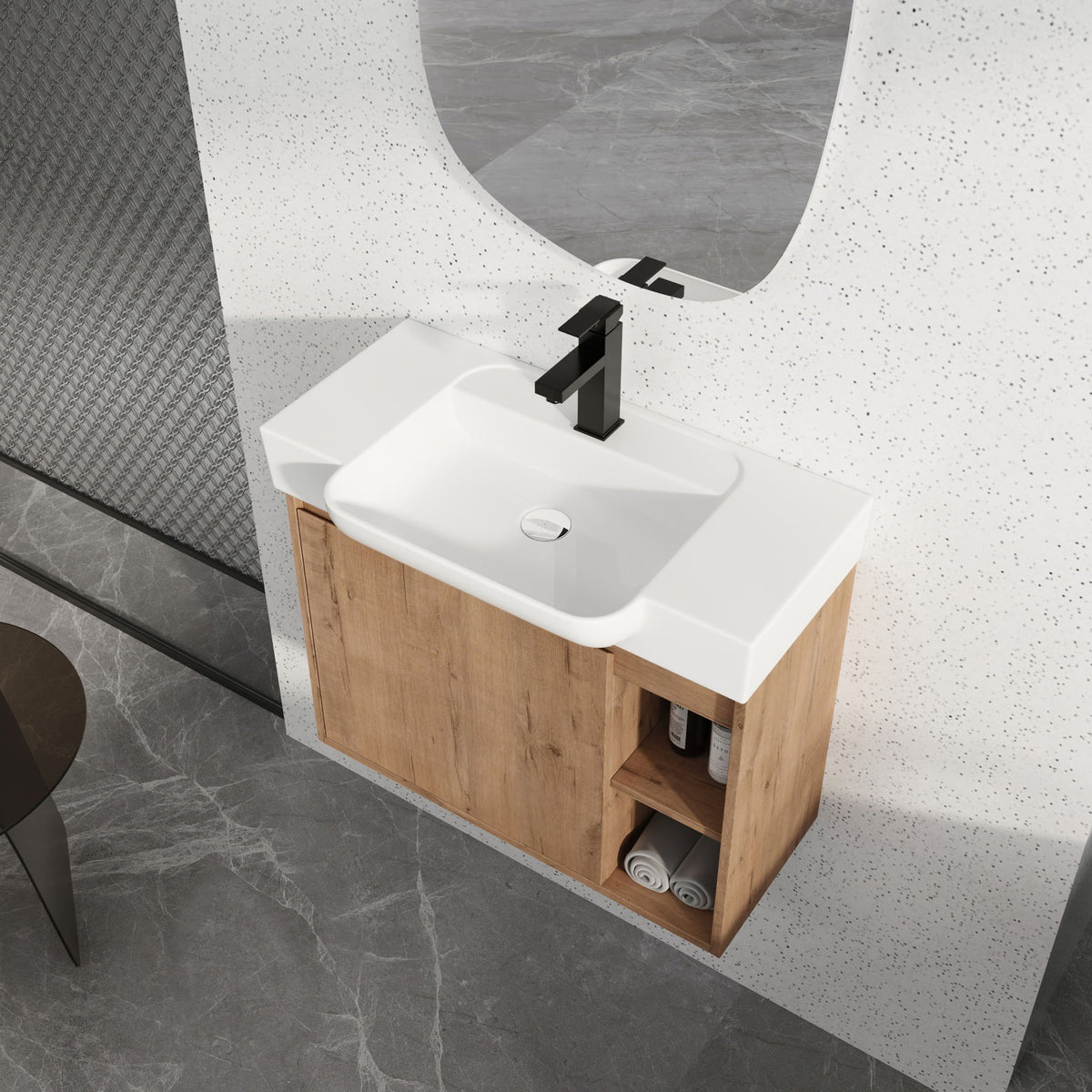 Bathroom vanity with dark wood cabinet, white sink basin, and open lower shelf