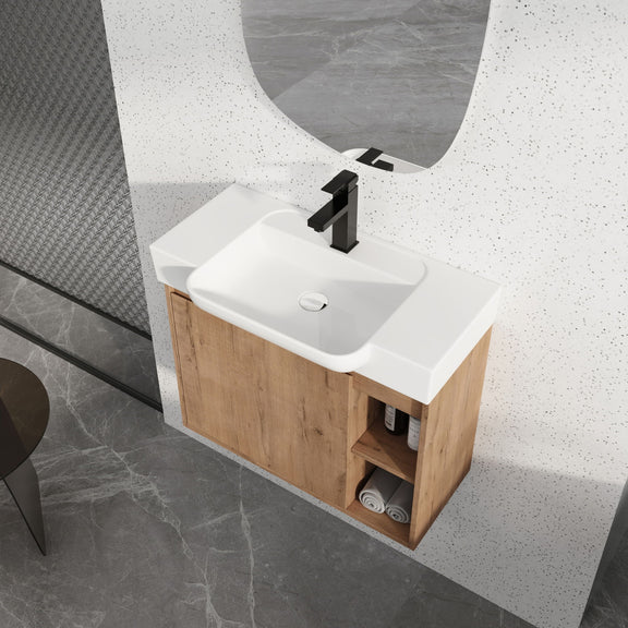 Bathroom vanity with dark wood cabinet, white sink basin, and open lower shelf