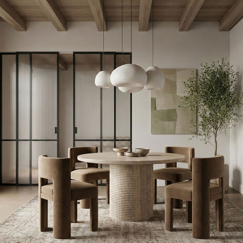 Round dining table with travertine-style top and ribbed cylindrical pedestal base