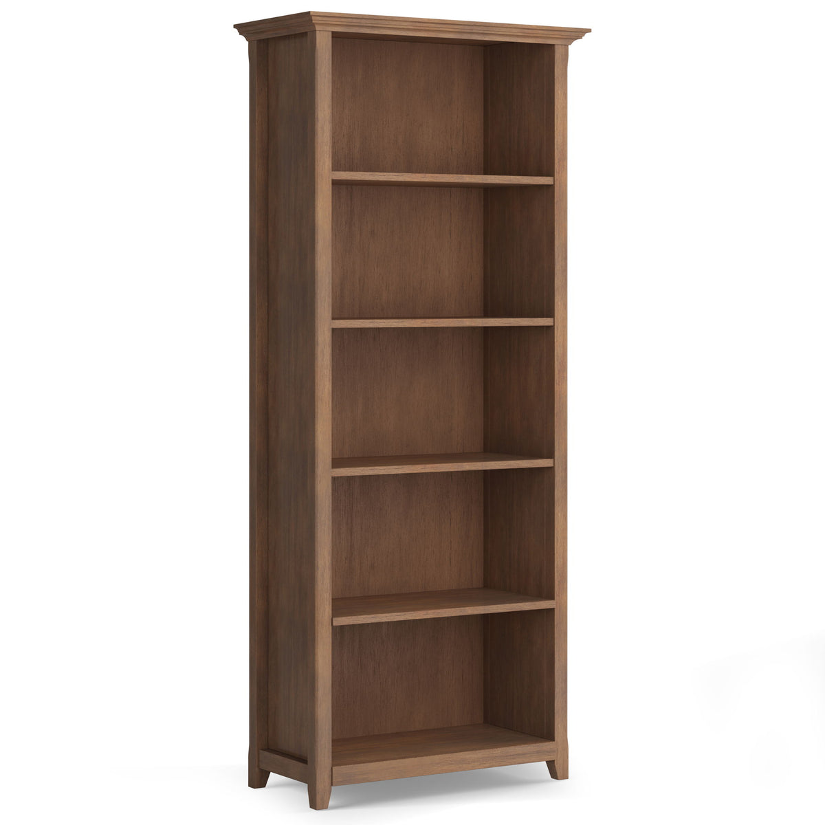 Five-shelf bookcase in rustic aged brown wood, shown from the front at an angle.