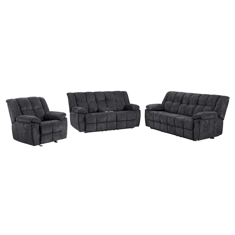 Black reclining set with chair, loveseat, and sofa; tufted upholstery and padded arms