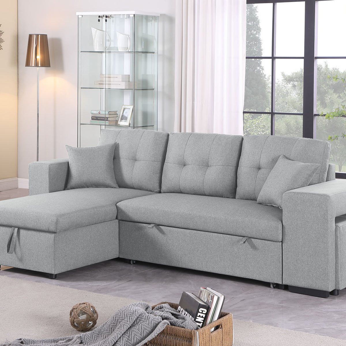 Daniel - Upholstered Reversible Sectional With Pull Out Loveseat - Light Gray