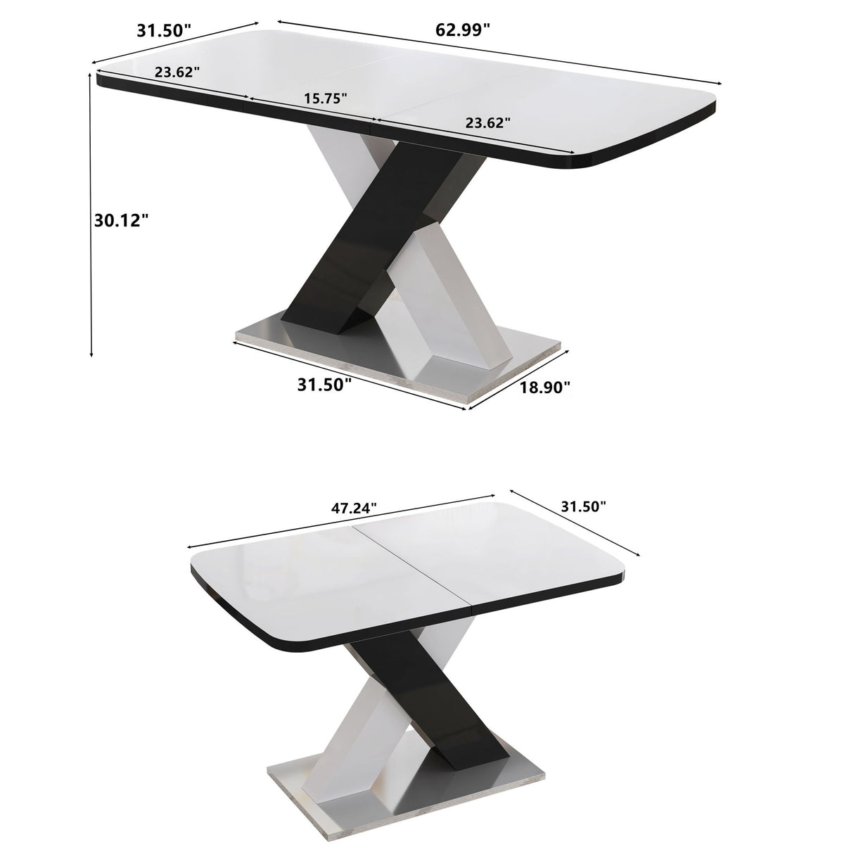 Rectangle Dining Table, Stretchable, Table Top With X Shape And Legs And Base - White / Black