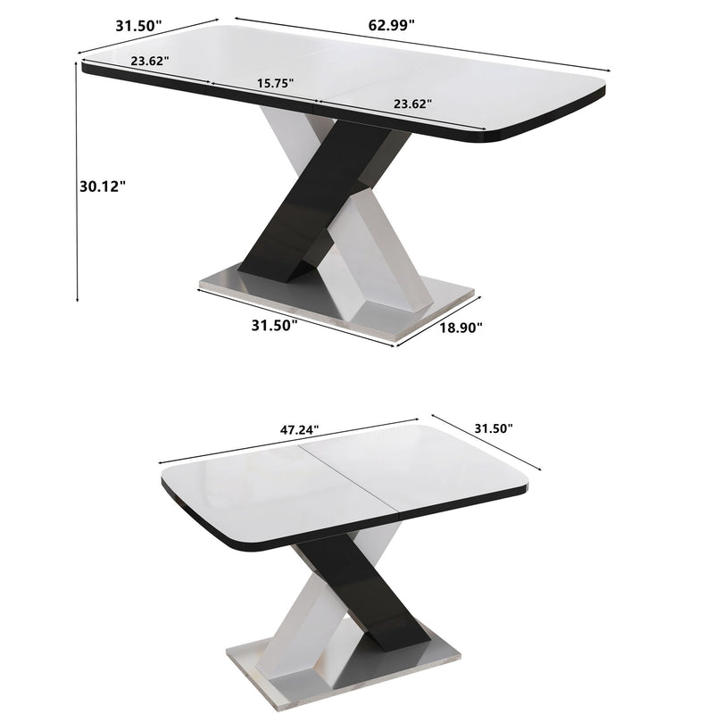 Rectangle Dining Table, Stretchable, Table Top With X Shape And Legs And Base - White / Black