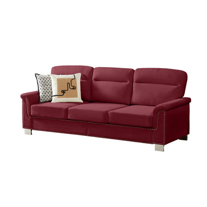 Dark red 3-seat stationary sofa with tufted back, square arms, and stitched trim