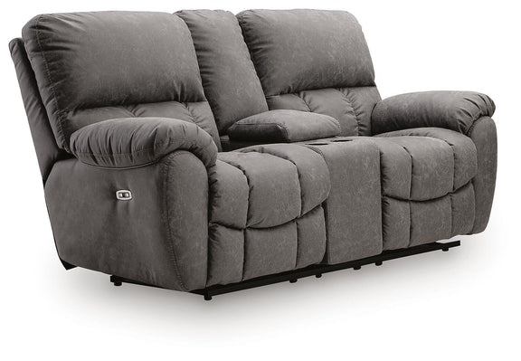 Power reclining loveseat with console and adjustable headrests, dark gray fabric