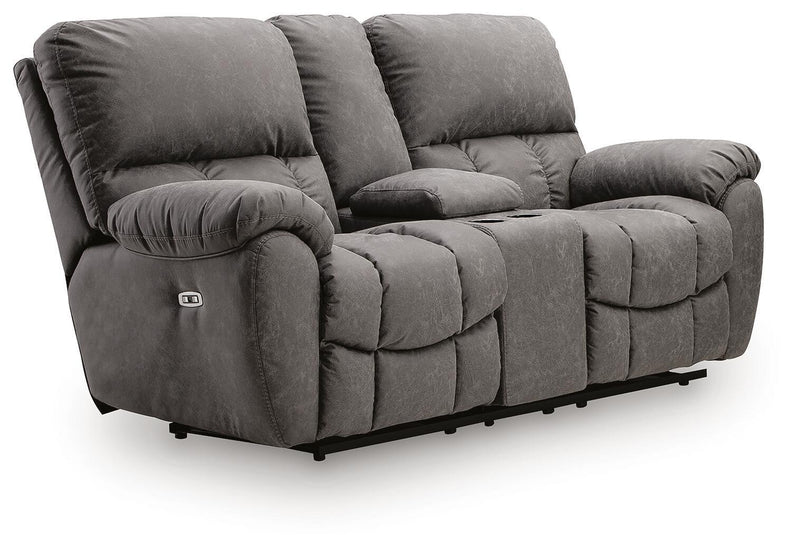 Power reclining loveseat with console and adjustable headrests, dark gray fabric