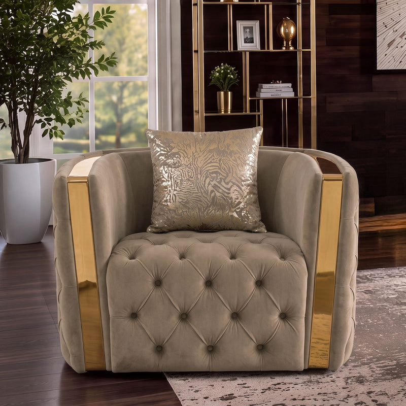 Light brown button-tufted accent chair with curved arms and a zebra patterned throw pillow