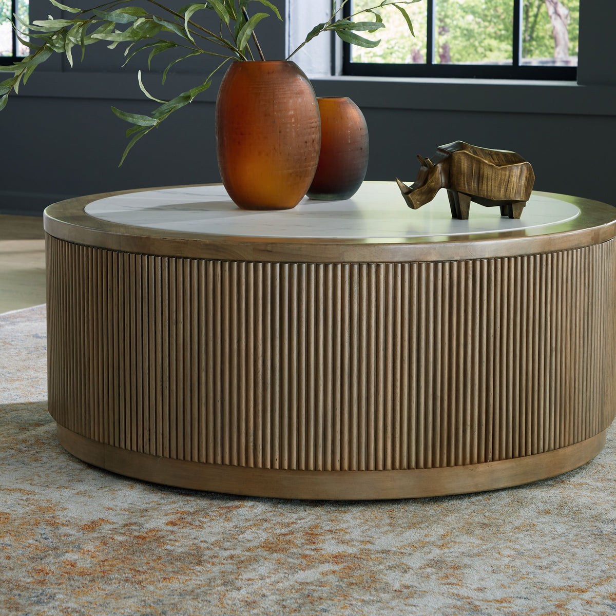 Camdill - Round Cocktail Table - Light Brown / White