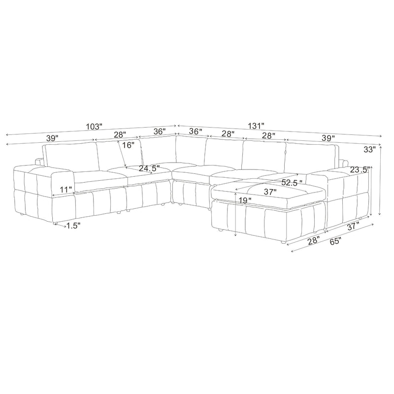 Modular sectional sofa with ottoman size diagram, square arms, corner and chaise modules