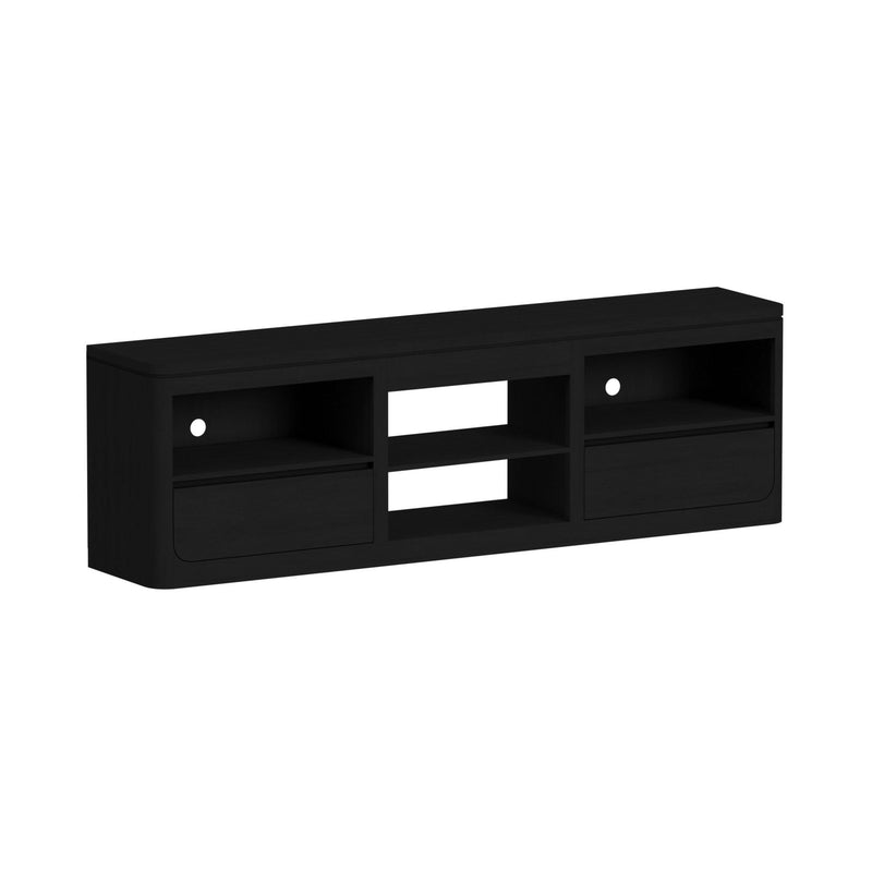 Black TV console with side open shelves and center media cubby, two drawers
