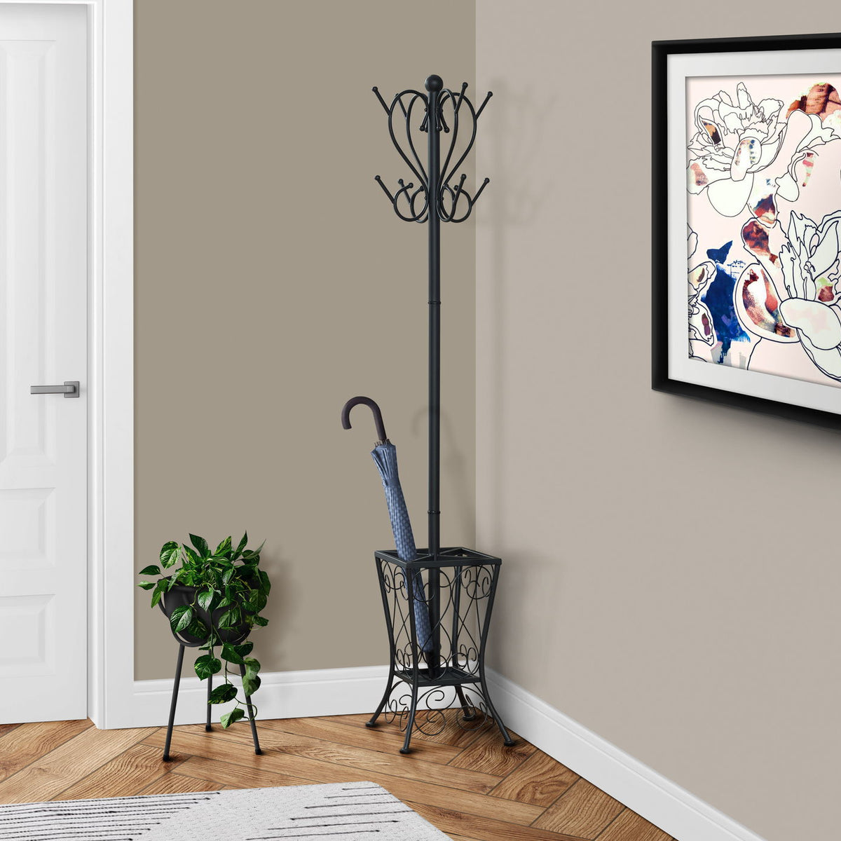 Coat Rack, Hall Tree, Free Standing, 8 Hooks, Entryway, Umbrella Holder, Transitional - Black