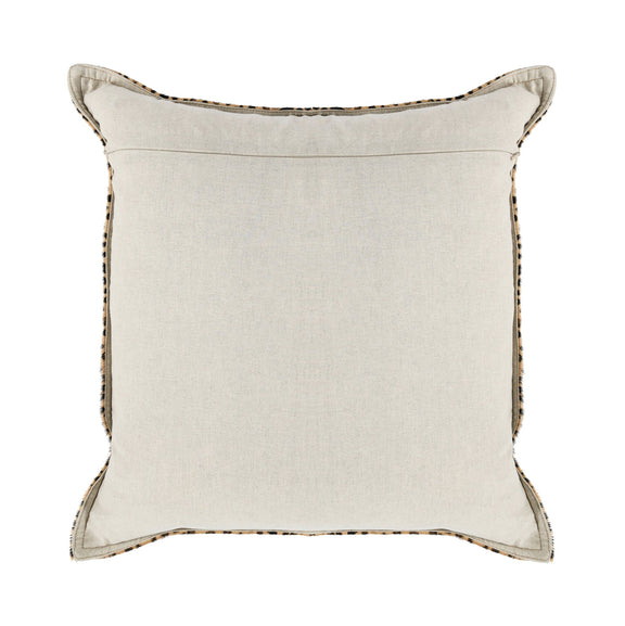 Camel-beige pillow back with leopard-pattern trim and stitched border, square corners.