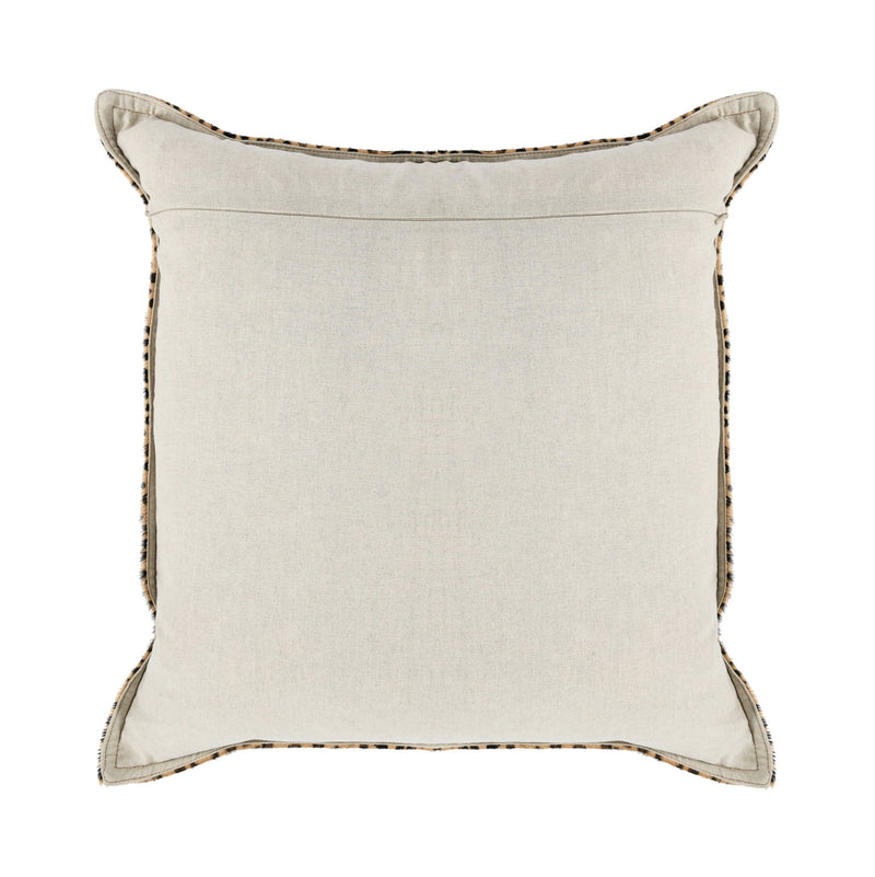 Camel-beige pillow back with leopard-pattern trim and stitched border, square corners.