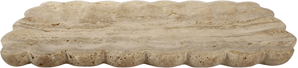 Beige travertine tray with scalloped edge and uneven speckled texture