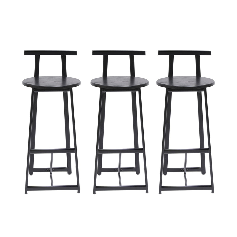 Set of 3 bar stools with backs, dark round seats, black metal legs