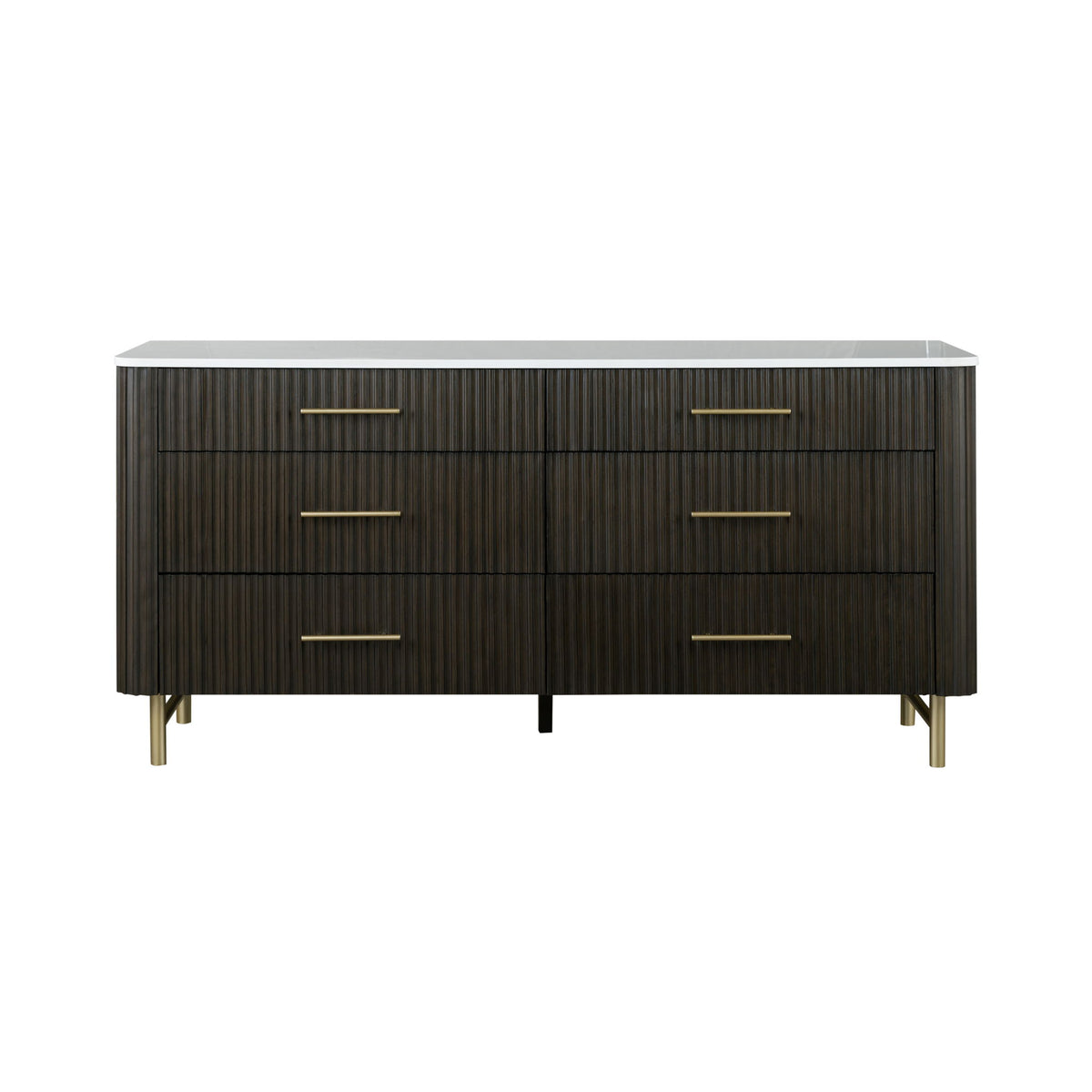 Espresso dresser cabinet with white marble top, six drawers, gold bar pulls, splayed legs.