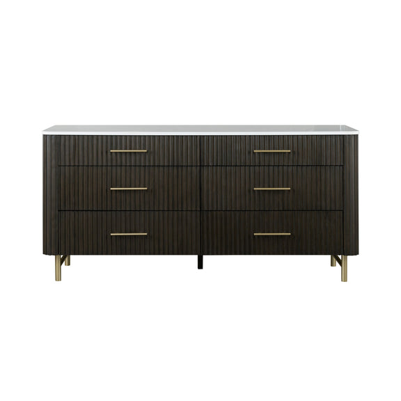 Espresso dresser cabinet with white marble top, six drawers, gold bar pulls, splayed legs.