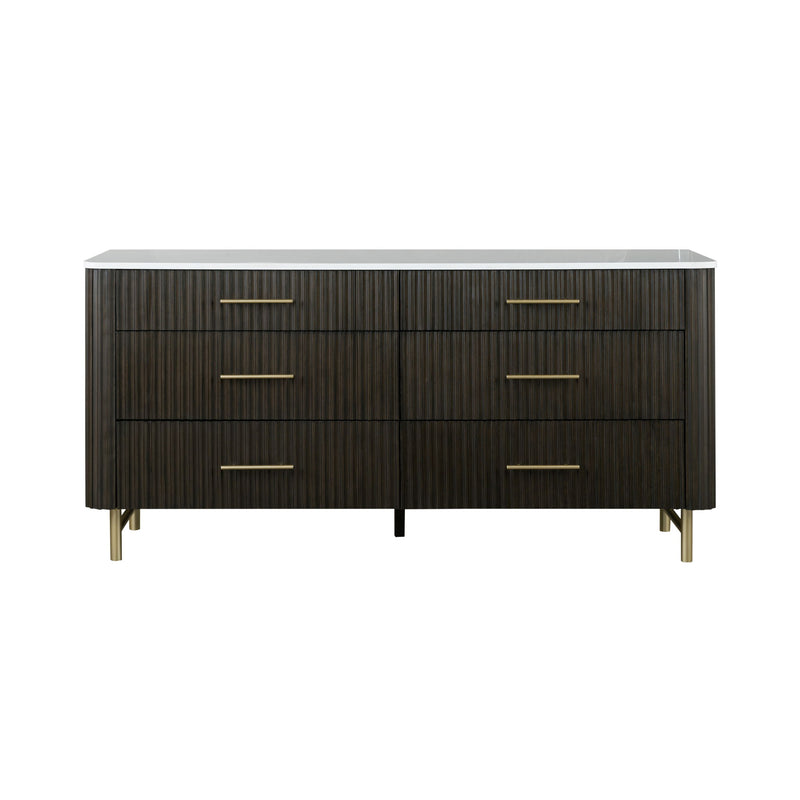 Espresso dresser cabinet with white marble top, six drawers, gold bar pulls, splayed legs.