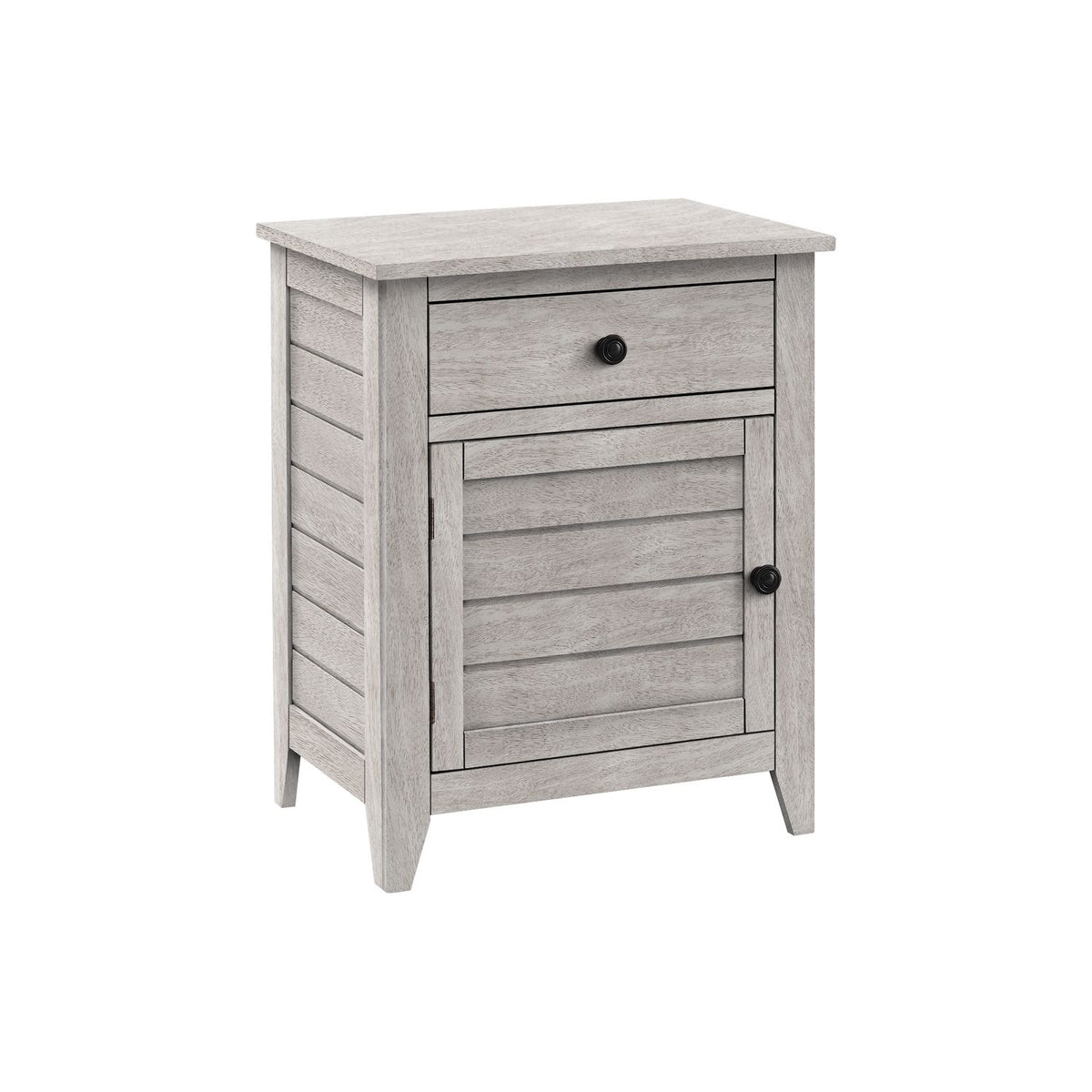 Light gray transitional nightstand with top drawer and cabinet door panel