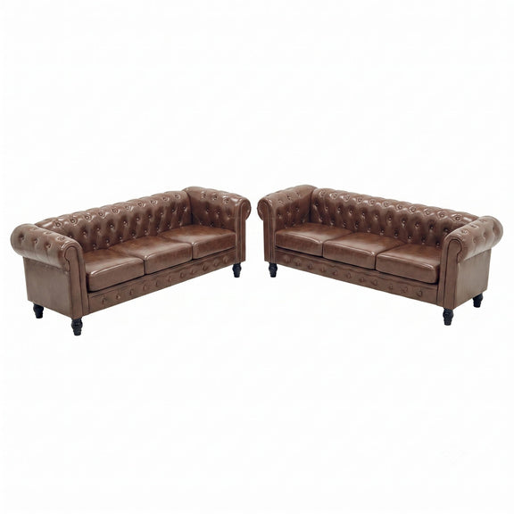 Dark brown two-piece sofa set with button-tufted backs and rolled arms