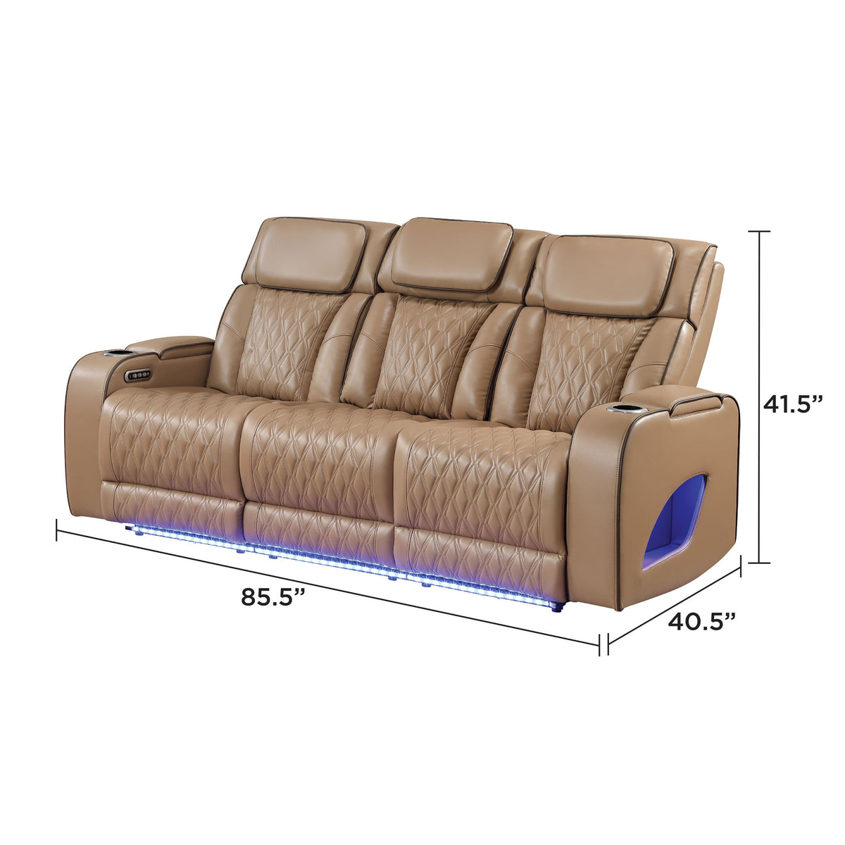 Power reclining sofa in tan/beige leather-look with blue LED base and side control