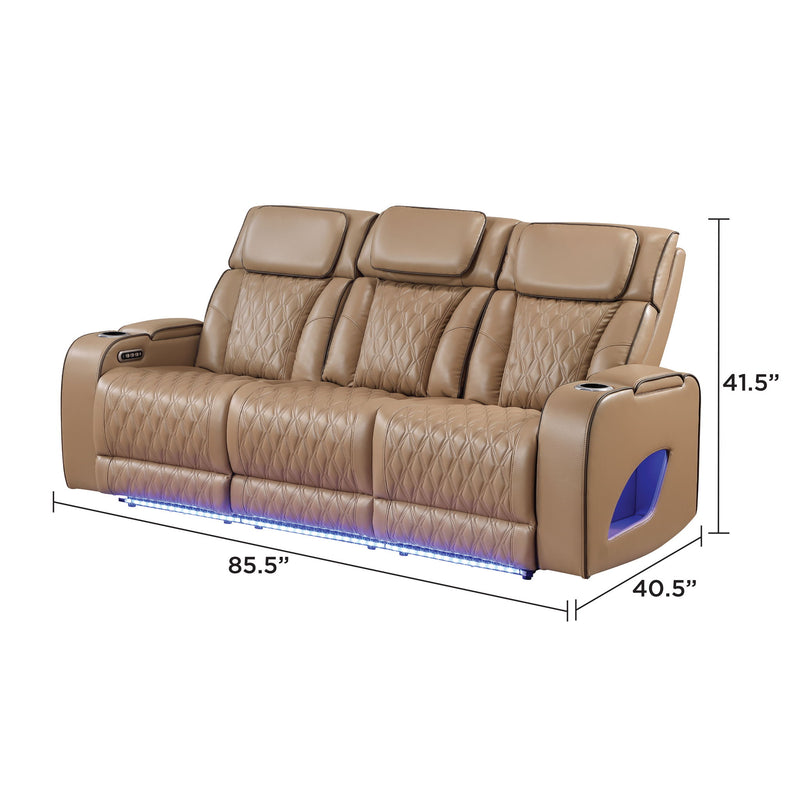 Power reclining sofa in tan/beige leather-look with blue LED base and side control