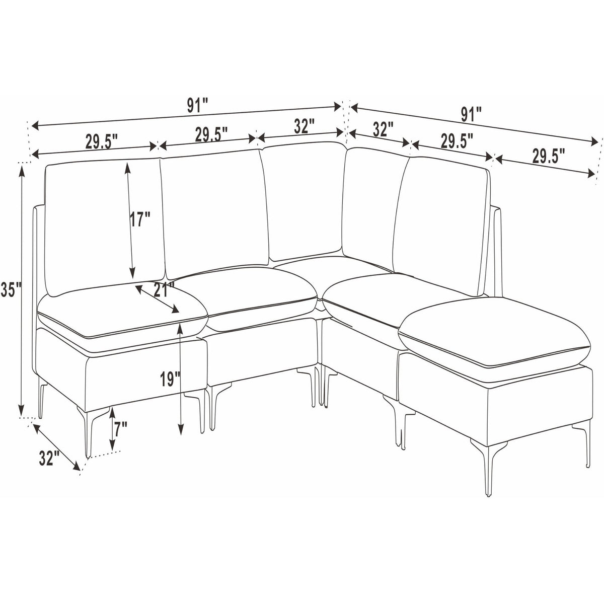 Upholstered modular sectional with tall legs and two ottomans, size diagram