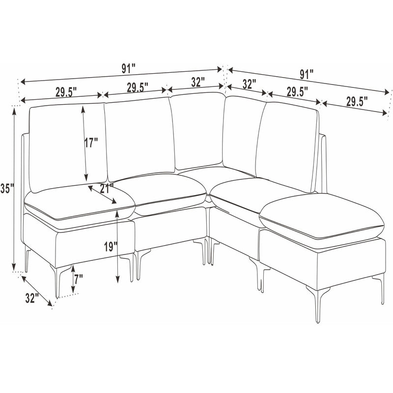 Upholstered modular sectional with tall legs and two ottomans, size diagram