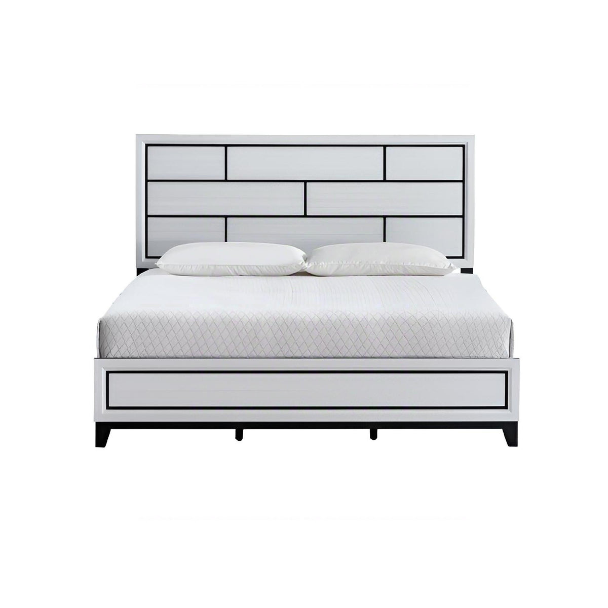 White bed frame with paneled headboard and under-bed storage drawer