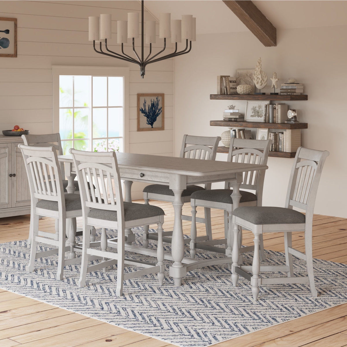 Gray slat-back bar stools with cushioned seats and spindle legs, set of two