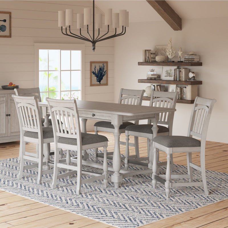 Gray slat-back bar stools with cushioned seats and spindle legs, set of two