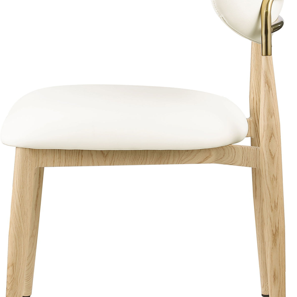 Vegan leather dining side chair with white cushioned seat and light wood legs