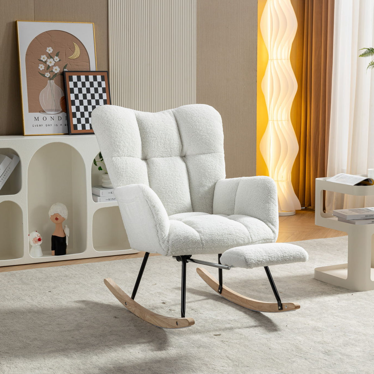 Teddy Fabric Rocking Chair With Adjustable Footrest - Ivory