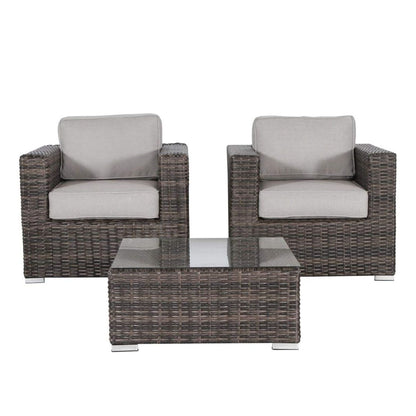 Dark brown wicker seating set with gray cushions and rectangular center table