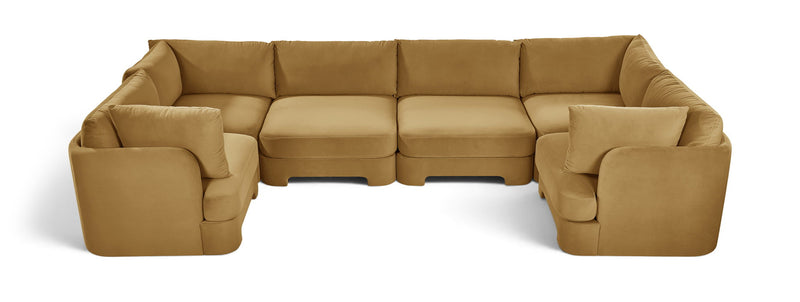 Light brown velvet U-shaped sectional sofa with cushioned seat modules and arms