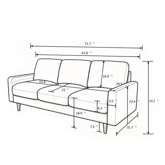 Three-seat sofa dimension diagram showing overall width, depth, and height.