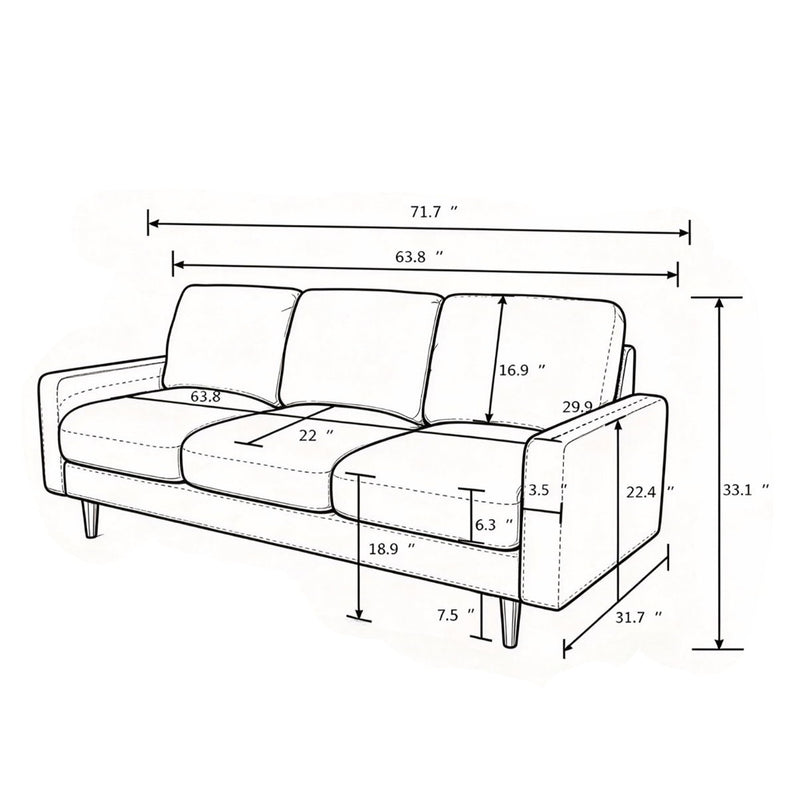 Three-seat sofa dimension diagram showing overall width, depth, and height.