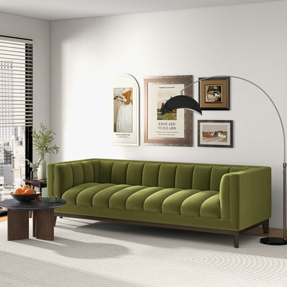 Olive green mid-century modern sofa with tufted channel back and seat, tapered wood legs