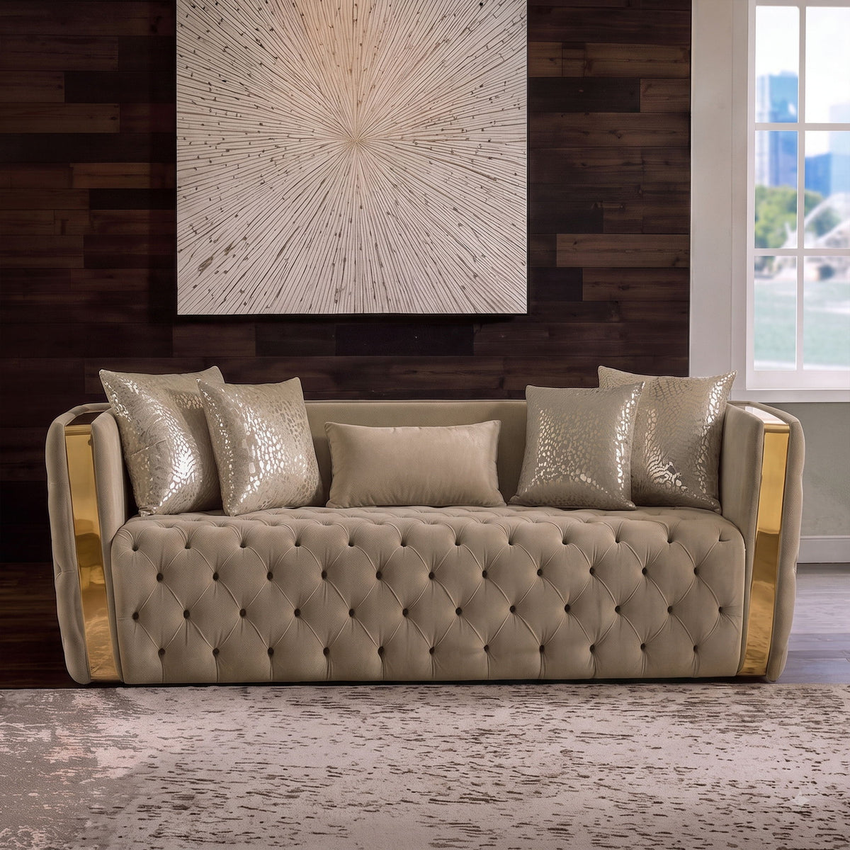 Taupe button-tufted sofa with gold-tone arms and 4 shimmering throw pillows