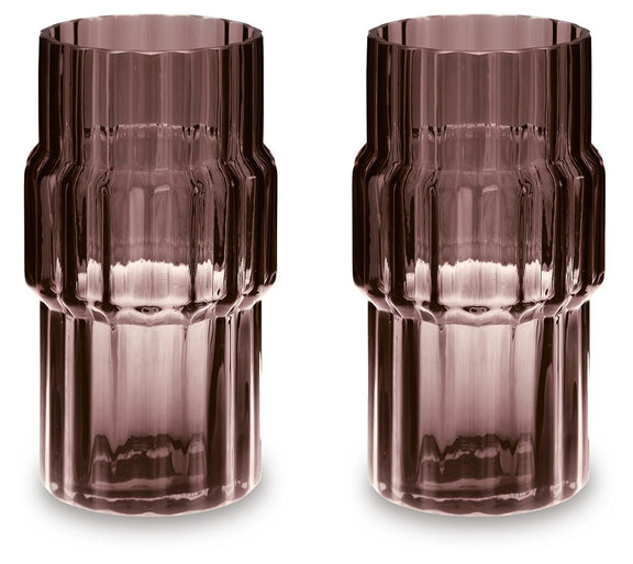 Set of two purple ribbed glass vases with faceted body and flared tops