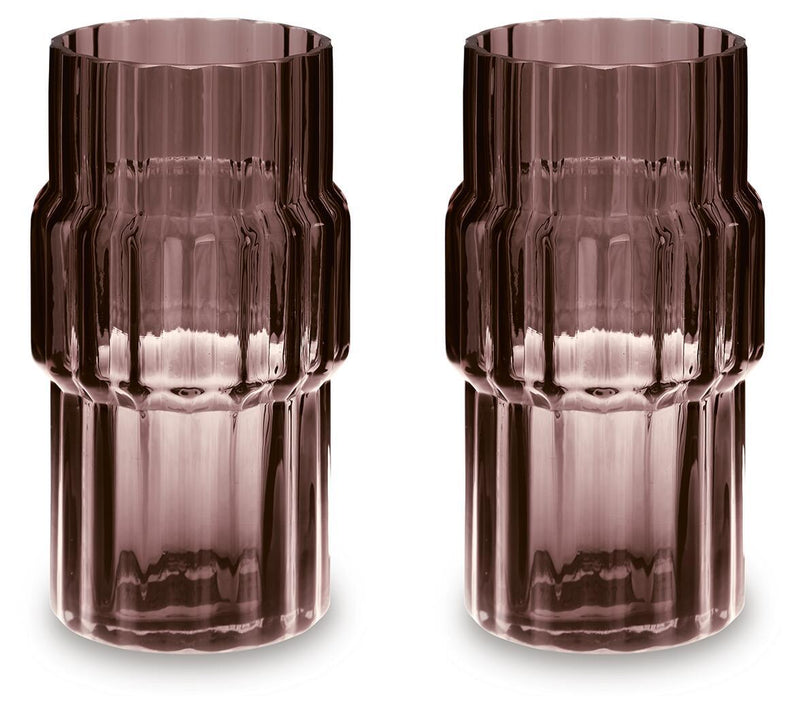 Set of two purple ribbed glass vases with faceted body and flared tops