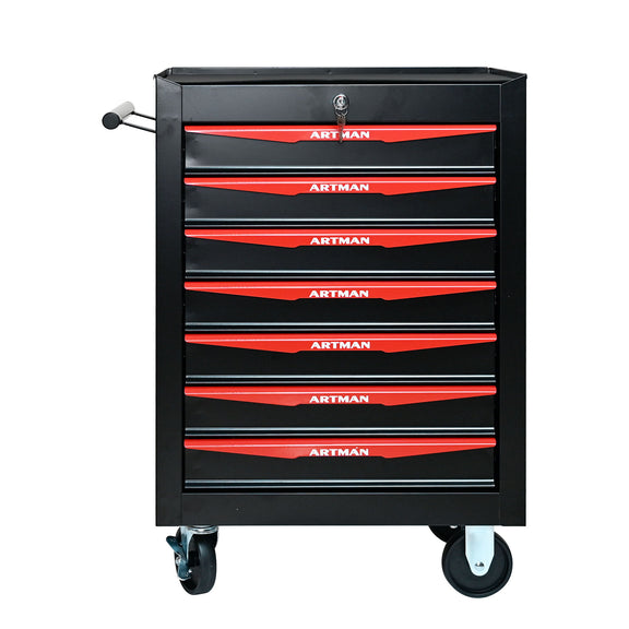 Rolling metal drawer cabinet with red striped drawers, black finish, side handle, caster wheels